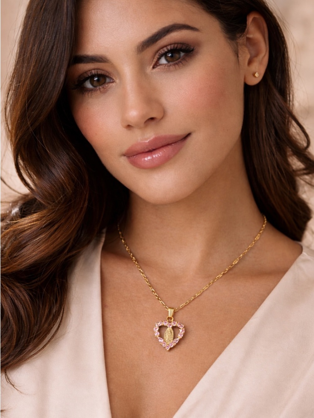 18K Gold Virgin Mary Heart Necklace Pink Crystal Pendant Dainty Chain - Picture 2 of 9